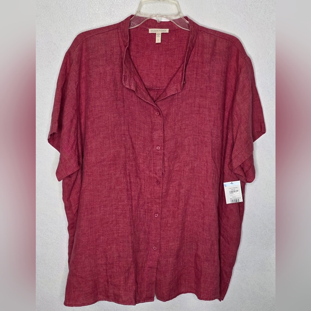 Eileen Fisher Size 3X Berry Organic Linen Delave Classic Short-Sleeve Shirt